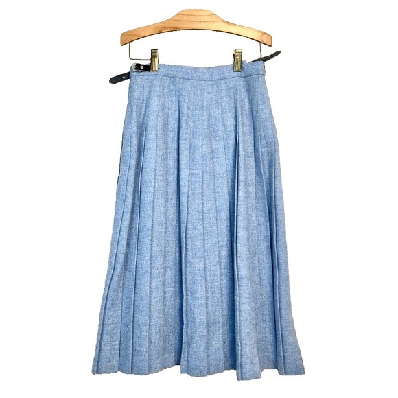 Vintage 80s Blue Tweed Wool Kilt Buckle Preppy Academia Schoolgirl Wrap Skirt XS